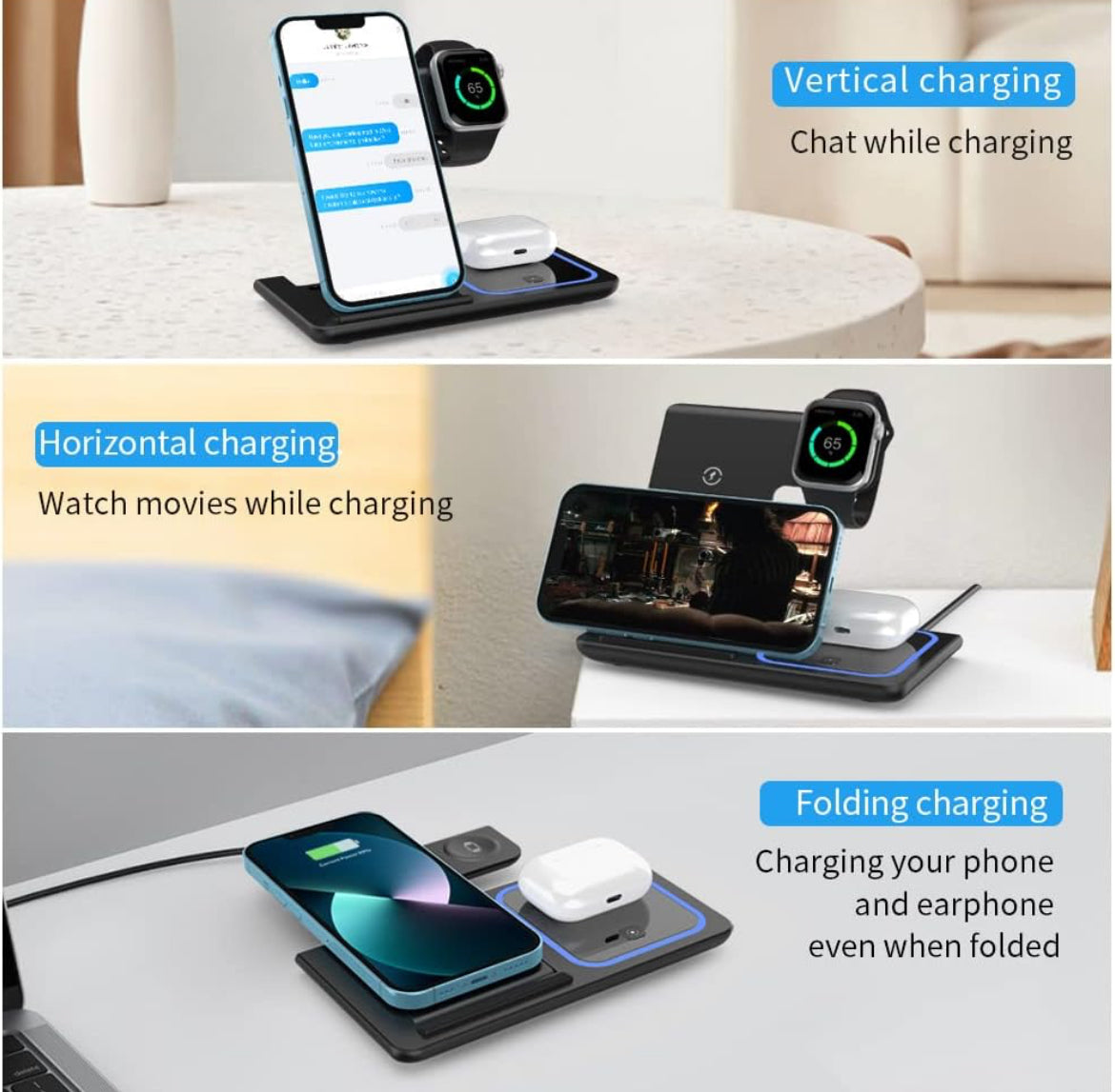 3 in 1 LED Fast Wireless Charger Stand